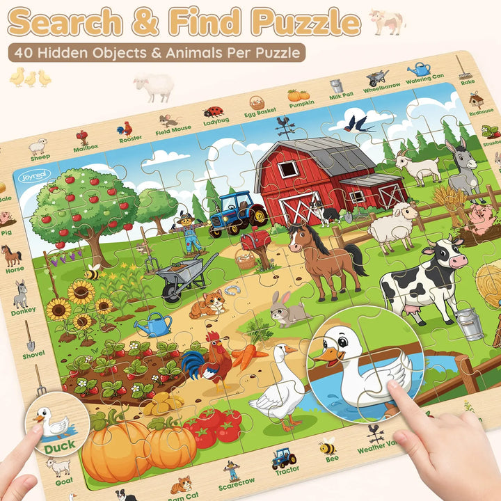 Wooden Animal Puzzles for Kids 3-6 | 4 x 60-Piece Search &amp; Find Puzzles 