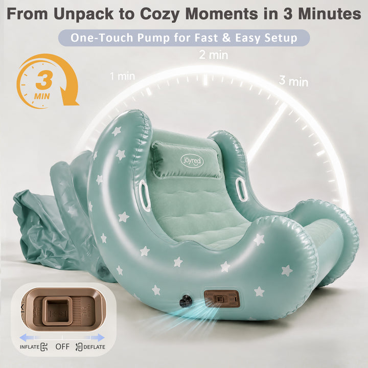 An inflatable baby lounger in a pale mint green color with white star patterns, shown partially deflated with its pump and valve accessory highlighted. The image includes marketing text and a graphic showing the setup time in three minutes.