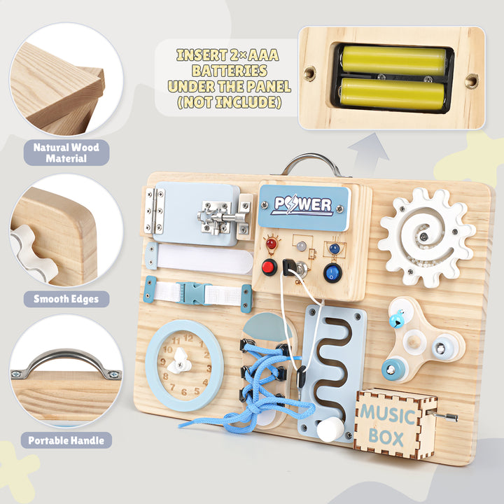 Joyreal Wooden Busy Board with LED Lights - Autism Sensory Toy for 3-5 Year Olds
