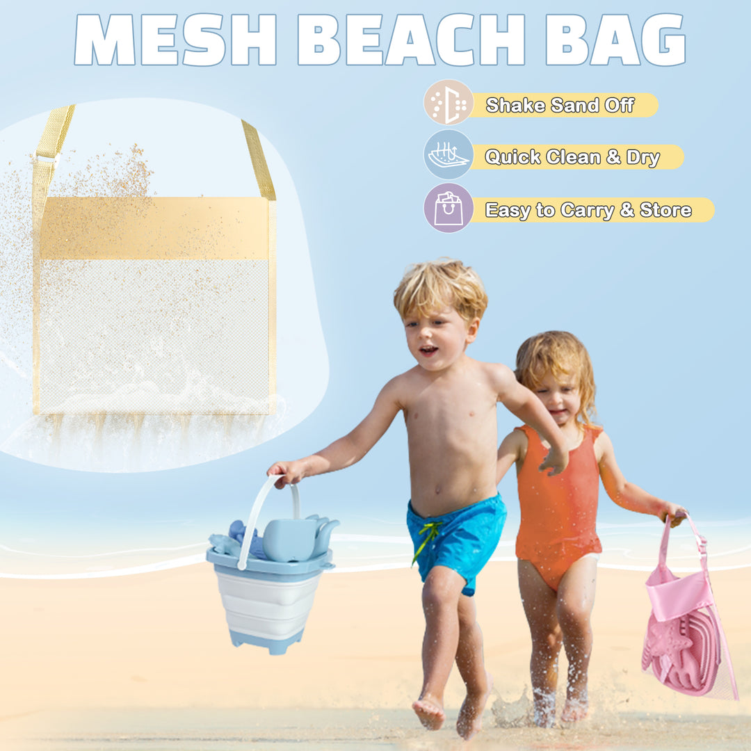 Portable Sand Play Kit with Foldable Buckets & Mesh Storage