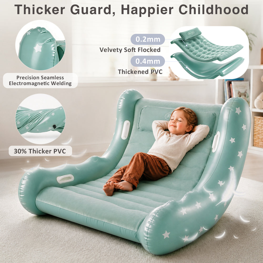 A child reclining on a mint green inflatable lounge chair with star graphics, shown in a bright indoor room. The image includes feature callouts and text highlighting thicker PVC, velvet soft flanking, and seamless welding.