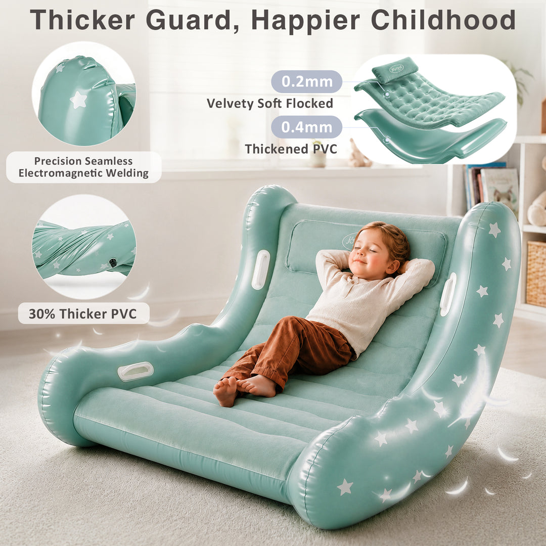 A child reclining on a mint green inflatable lounge chair with star graphics, shown in a bright indoor room. The image includes feature callouts and text highlighting thicker PVC, velvet soft flanking, and seamless welding.