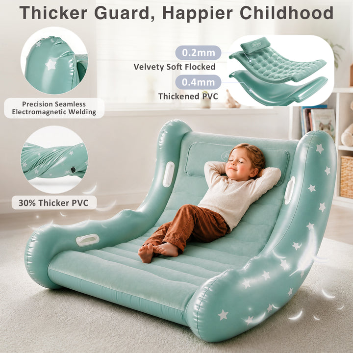 A child reclining on a mint green inflatable lounge chair with star graphics, shown in a bright indoor room. The image includes feature callouts and text highlighting thicker PVC, velvet soft flanking, and seamless welding.