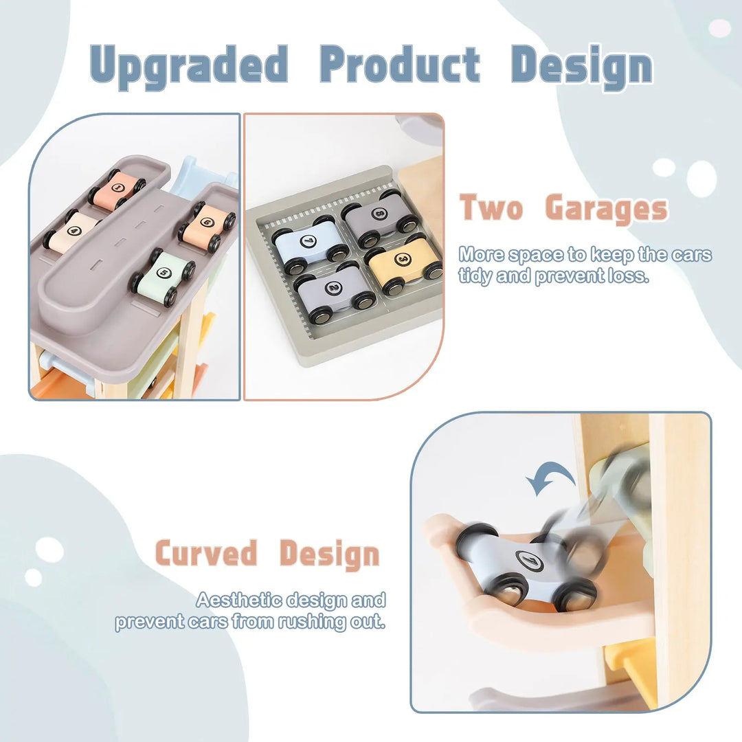 Wooden Car Ramp Racer Toys with 8 Mini Cars & 2 Garages 