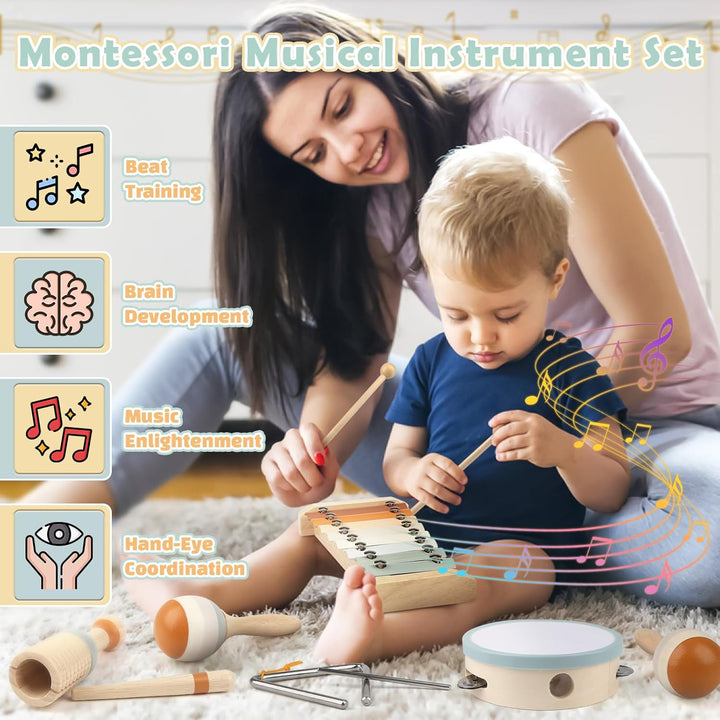 Wooden Montessori Musical Toys 6-in-1 for Toddlers 1-3 with Xylophone – Baby Music Toy for Preschool Gifts