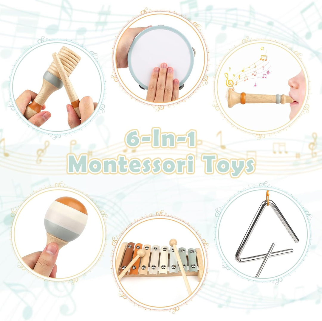 Wooden Montessori Musical Toys 6-in-1 for Toddlers 1-3 with Xylophone – Baby Music Toy for Preschool Gifts