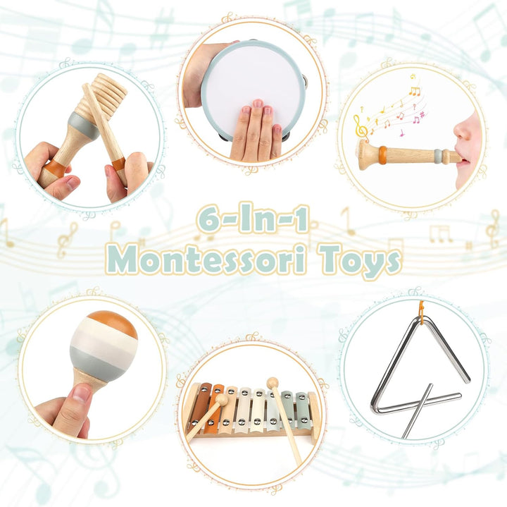 Wooden Montessori Musical Toys 6-in-1 for Toddlers 1-3 with Xylophone – Baby Music Toy for Preschool Gifts