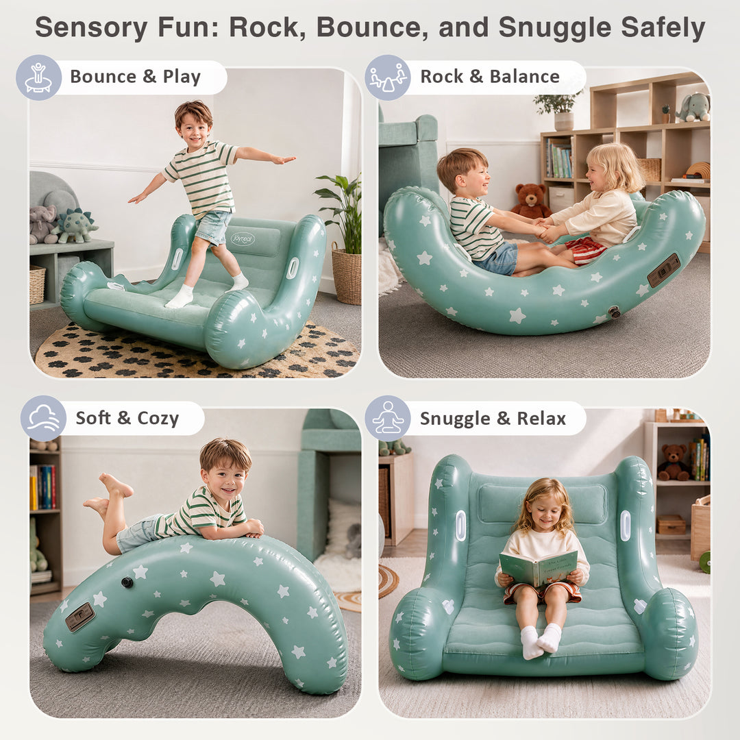 A four-panel marketing graphic showing a mint green inflatable play couch with white stars in different use cases: a child balancing on it, two children sitting together, a child lying on it, and a child reading while sitting on it. The top header reads &