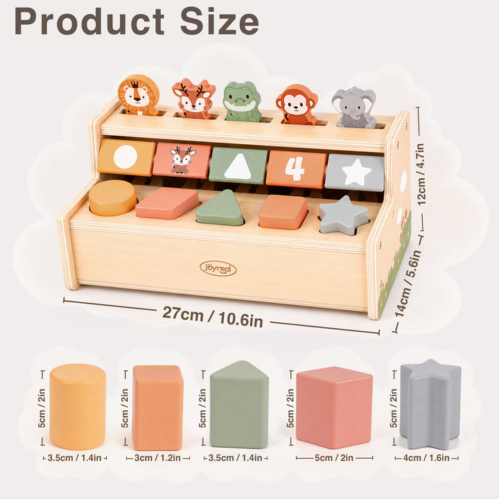 A wooden toy block storage box with animal figures on top and shape blocks inside, shown with dimension lines and a size breakdown of individual blocks below.