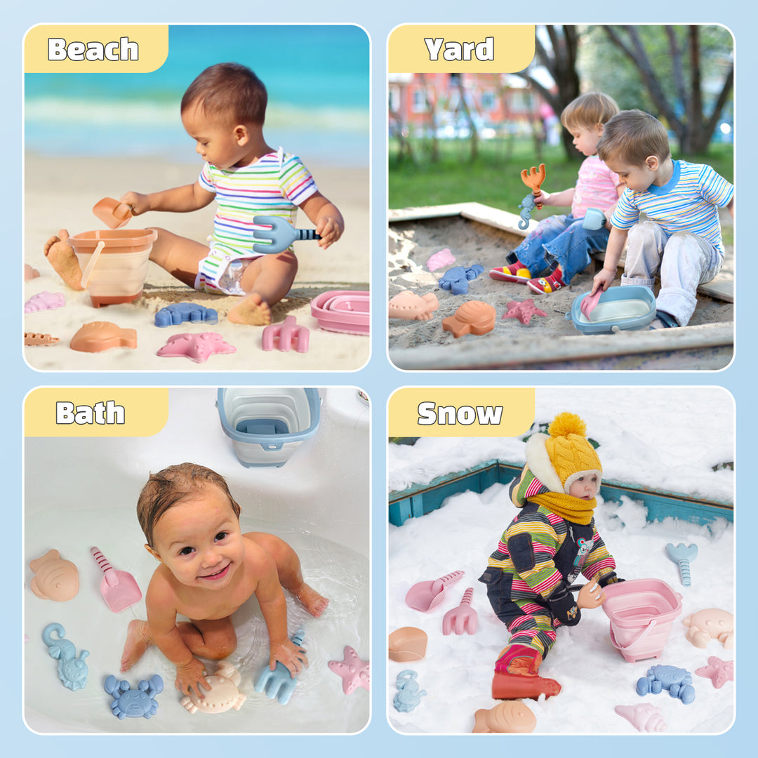 Portable Sand Play Kit with Foldable Buckets & Mesh Storage