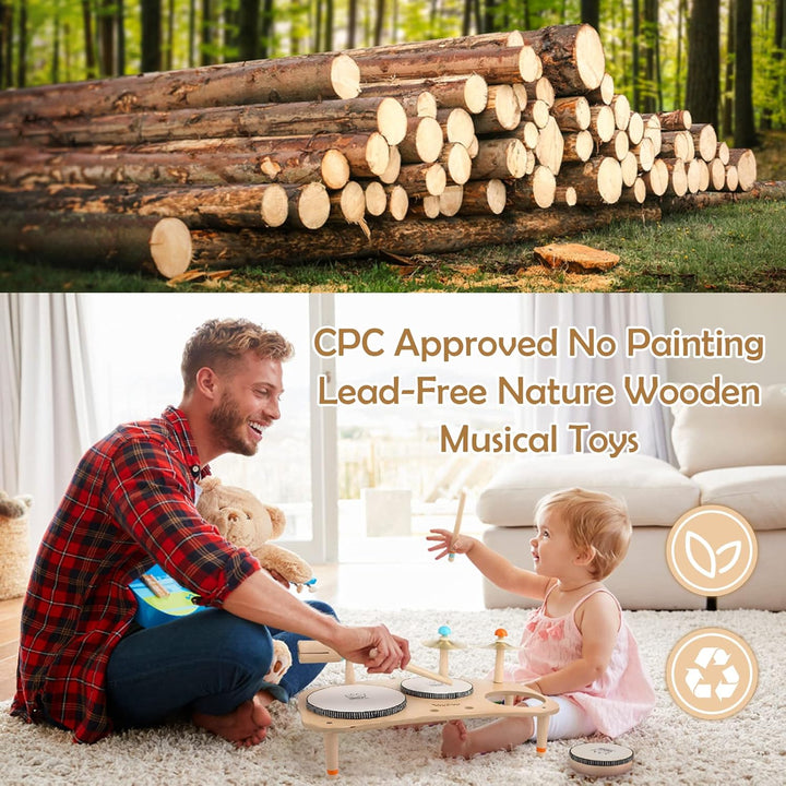 Kids 8-in-1 Wooden Drum & Musical Toy Set – Montessori Music Learning for Toddlers