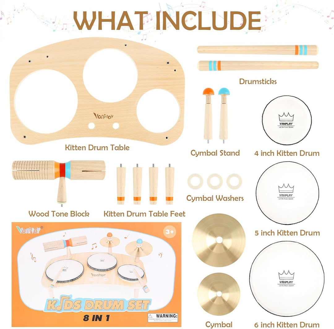 Kids 8-in-1 Wooden Drum & Musical Toy Set – Montessori Music Learning for Toddlers