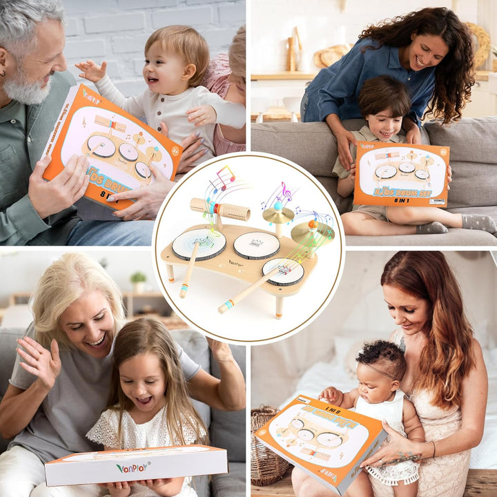 Kids 8-in-1 Wooden Drum & Musical Toy Set – Montessori Music Learning for Toddlers