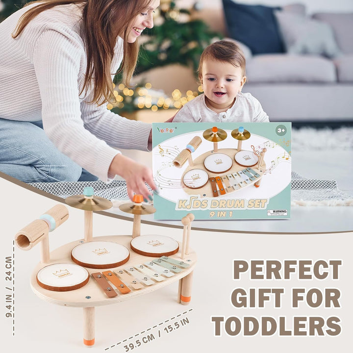 Wooden 9-in-1 Montessori Drum & Xylophone Set for Toddlers