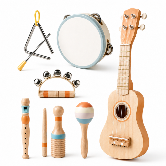 Wooden ukulele and percussion instruments for toddlers