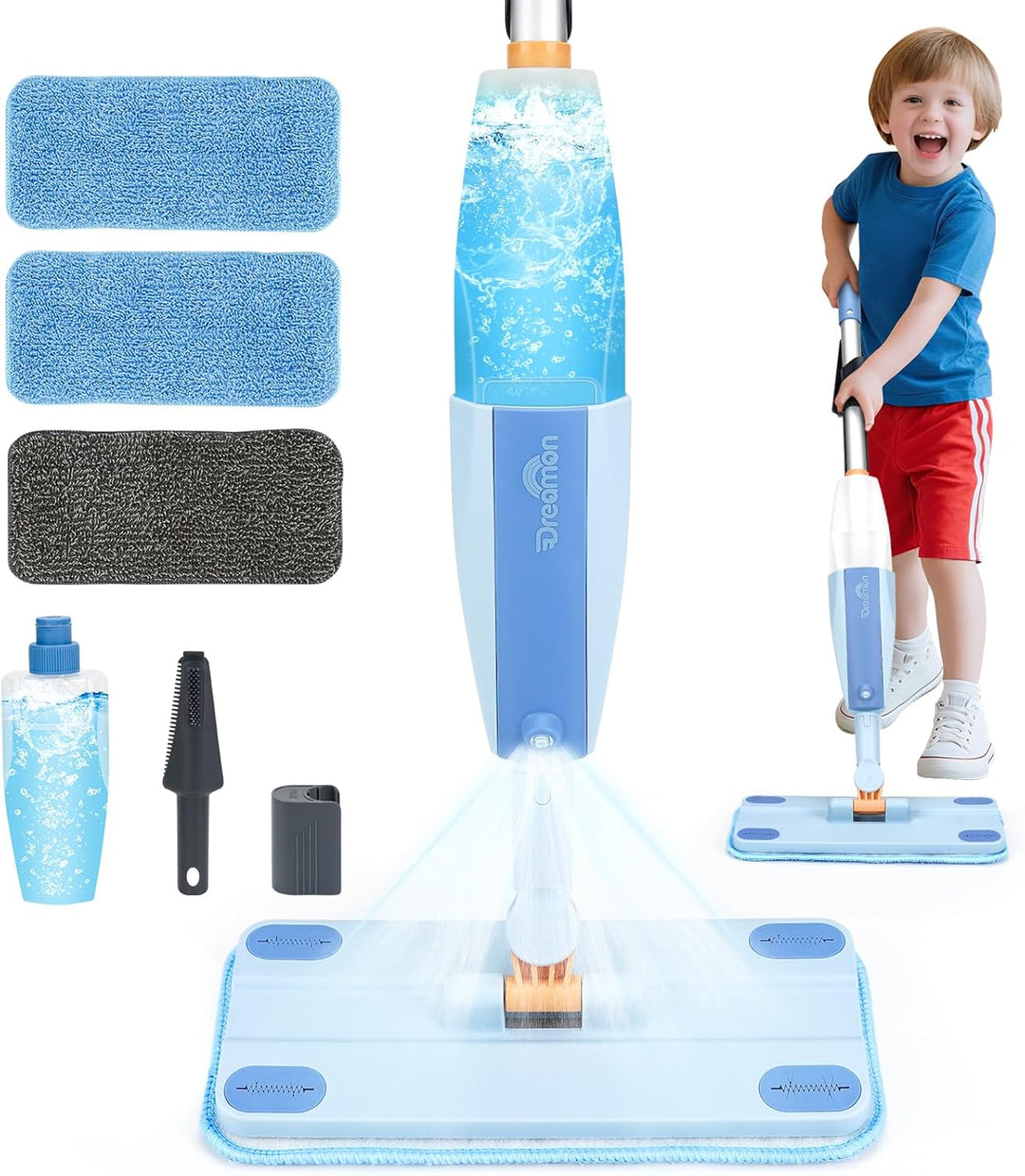 Kids Pretend Spray Mop Set with Washable Pads & Scraper for Role Play（Blue）