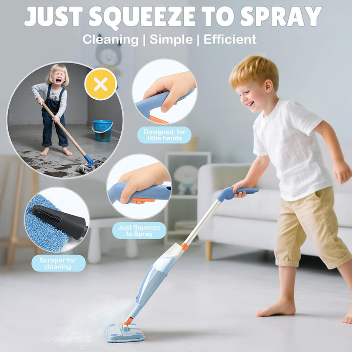 Kids Pretend Spray Mop Set with Washable Pads & Scraper for Role Play（Blue）