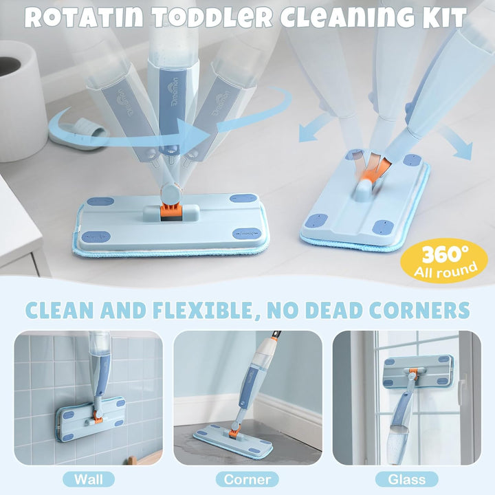 Kids Pretend Spray Mop Set with Washable Pads & Scraper for Role Play（Blue）
