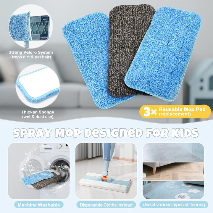 Kids Pretend Spray Mop Set with Washable Pads & Scraper for Role Play（Blue）