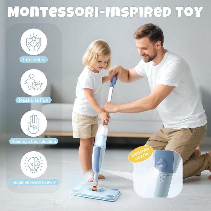 Kids Pretend Spray Mop Set with Washable Pads & Scraper for Role Play（Blue）
