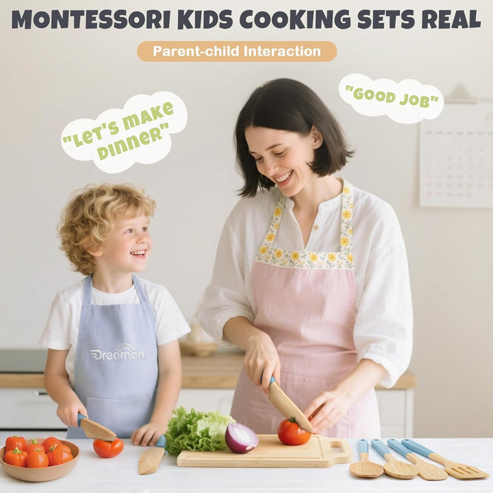29-Piece Wooden Kids Cooking Set – Toddler Montessori Kitchen Toys with Utensils & Apron