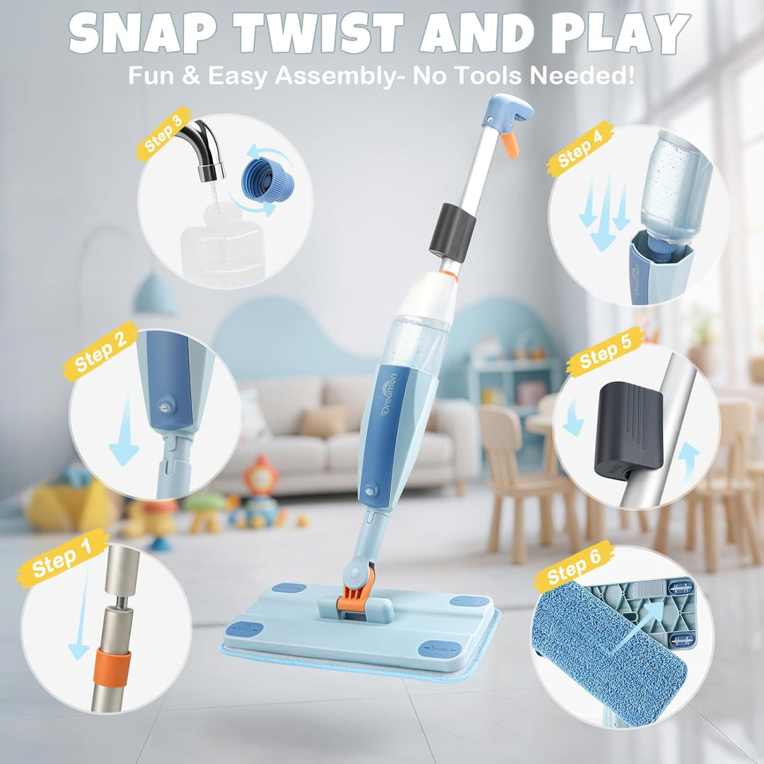 Kids Pretend Spray Mop Set with Washable Pads & Scraper for Role Play（Blue）