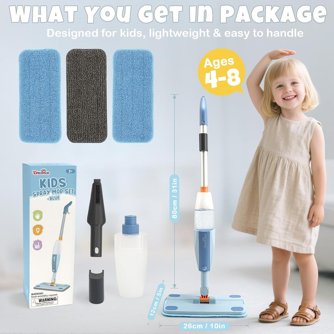 Kids Pretend Spray Mop Set with Washable Pads & Scraper for Role Play（Blue）