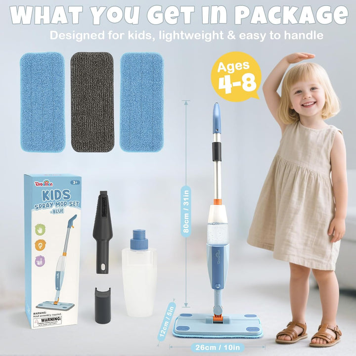 Kids Pretend Spray Mop Set with Washable Pads & Scraper for Role Play（Blue）