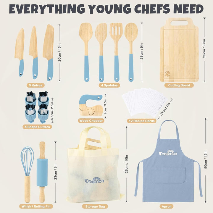 29-Piece Wooden Kids Cooking Set – Toddler Montessori Kitchen Toys with Utensils & Apron