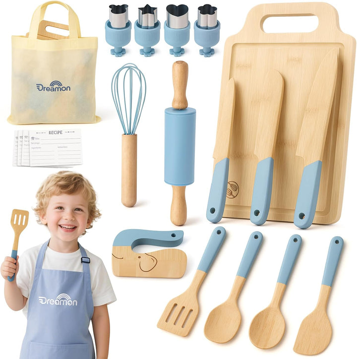 29-Piece Wooden Kids Cooking Set – Toddler Montessori Kitchen Toys with Utensils & Apron