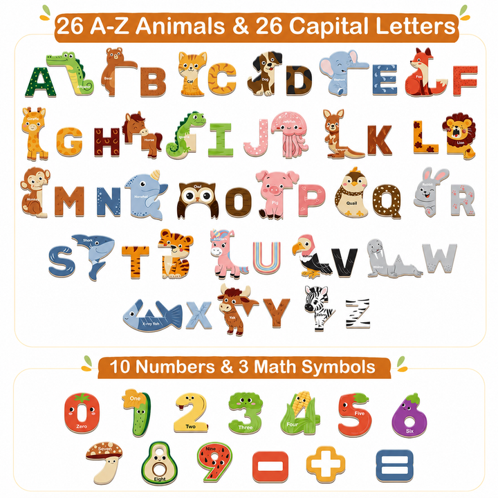 Animal Alphabet Magnets Toys, Wooden 65PCS Deluxe Letter Learning Set for Toddlers