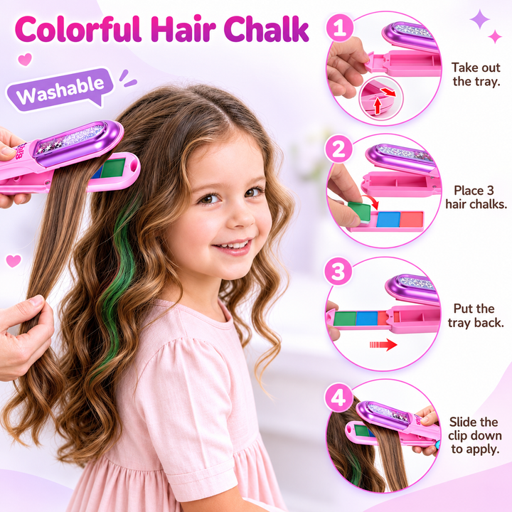 A young girl with wavy brown hair is shown using a pink and purple hair chalk clip on her hair, with text and numbered diagrams explaining how to apply and remove the washable colorful hair chalk.