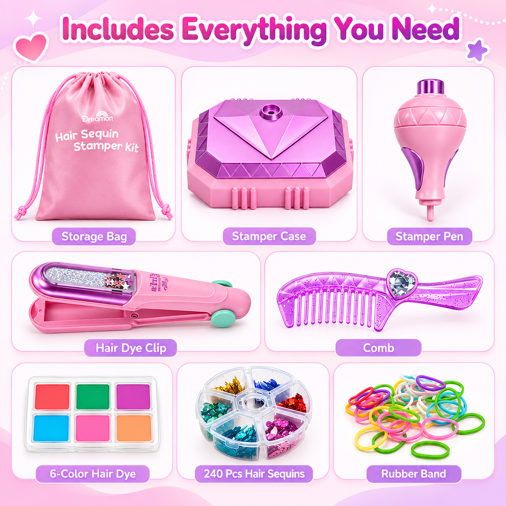 A pink hair sequin kit shown in a labeled collage with multiple included items: a pink drawstring storage bag, a faceted pink stamper case, a pink stamper pen, a pink hair clip, a purple comb, a 6-color hair dye palette, a round tray of 240 colorful hair sequins, and a pile of multicolor rubber bands. Text at the top says 'Includes Everything You Need'.