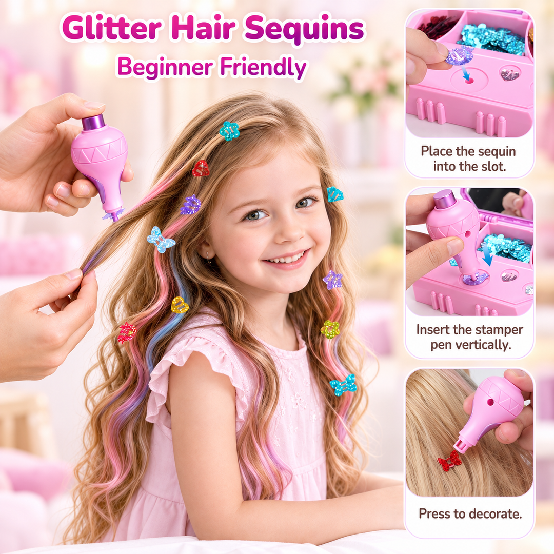 A young girl with long wavy blonde hair is shown using a pink glitter hair sequin tool, with inset panels demonstrating how to place the sequin into the tool and insert the stamping pen. The image includes the text &