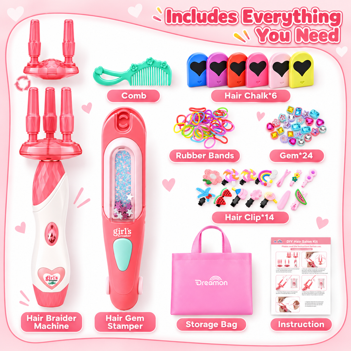 A pink and white hair styling set displayed on a light pink background with labeled callouts for each included item: a triple-prong hair braider, a hair gem stamper, a mint green comb, six hair chalk sticks, 24 rubber bands, 24 gem stickers, 14 hair clips, a pink storage bag, and an instruction booklet. Text at the top reads &