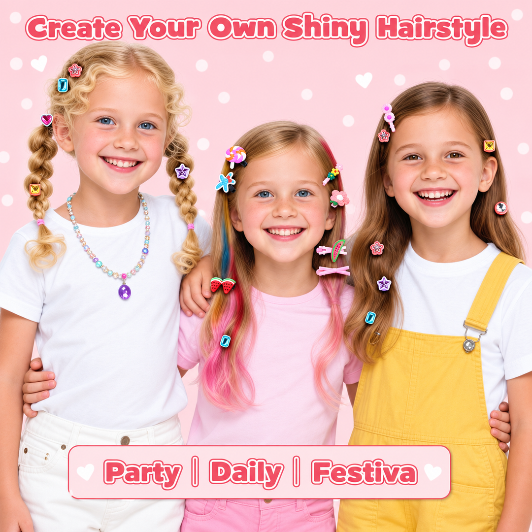 Three smiling girls wearing colorful hair accessories and beads against a pink background with the text &