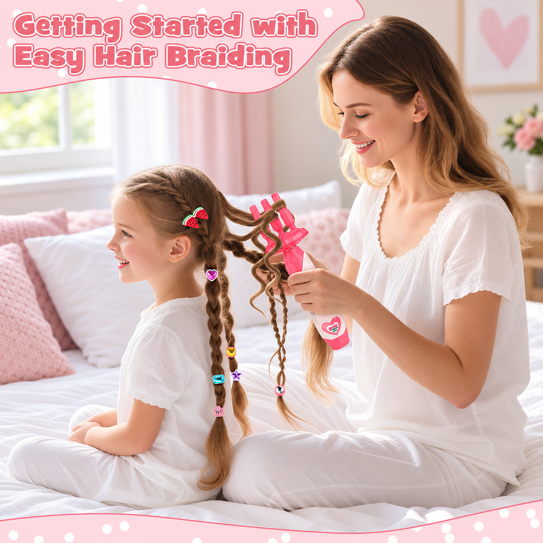 A woman and a young girl sitting on a bed, demonstrating how to braid hair with a pink hair braiding tool. The image includes a text overlay at the top that reads &