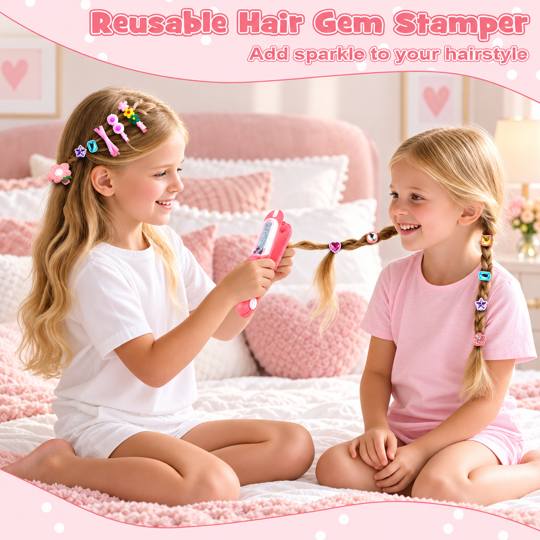 Two young girls sitting on a pink bed in a bedroom setting, demonstrating a reusable hair gem stamper. One girl holds a pink stamping tool with colorful hair gems, while the other has a braid decorated with matching colorful hair gems.