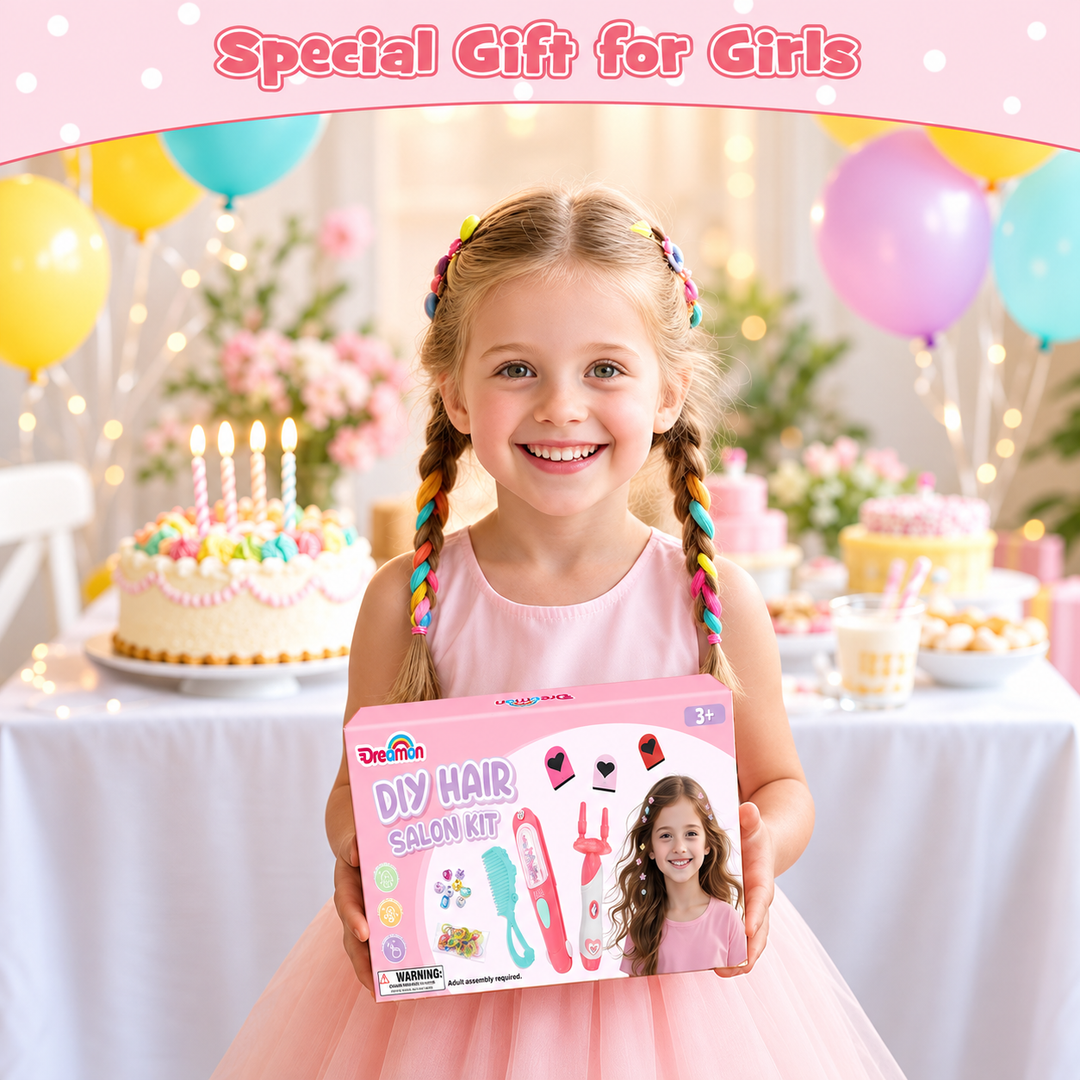 A young girl with braided hair holds a pink &