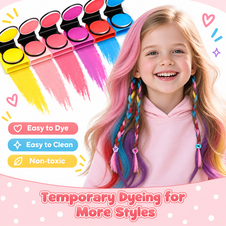 A smiling young girl with colorful braided hair wearing a pink hoodie, shown beside several temporary hair dye pots and color swatches. Text on the image says &