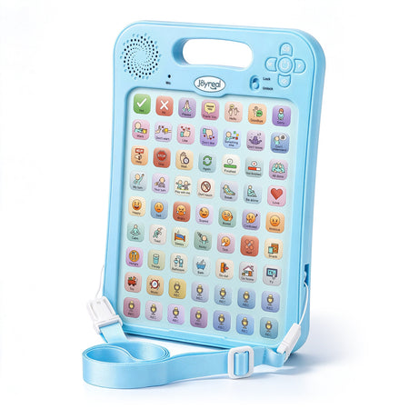 A light blue Joyreal educational talking aid tablet toy for children, featuring a colorful icon grid, a built-in handle, speaker, directional pad, and an attached light blue shoulder strap on a white background.