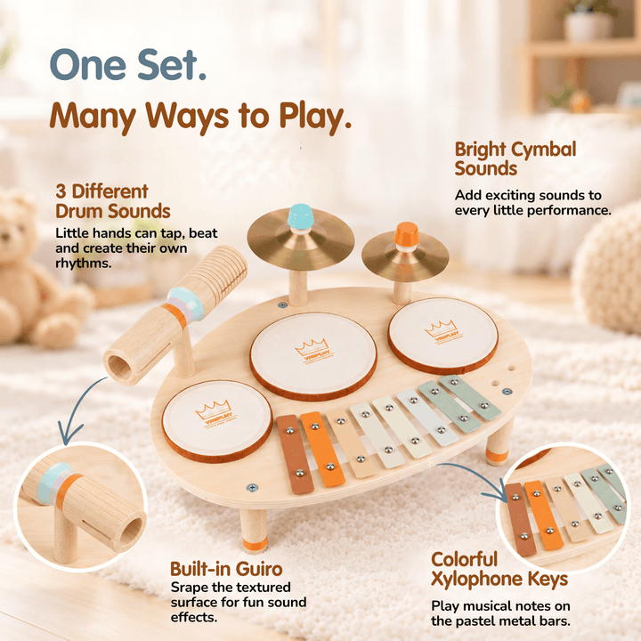 A wooden toy drum set with cymbals, xylophone keys, and percussion tubes.