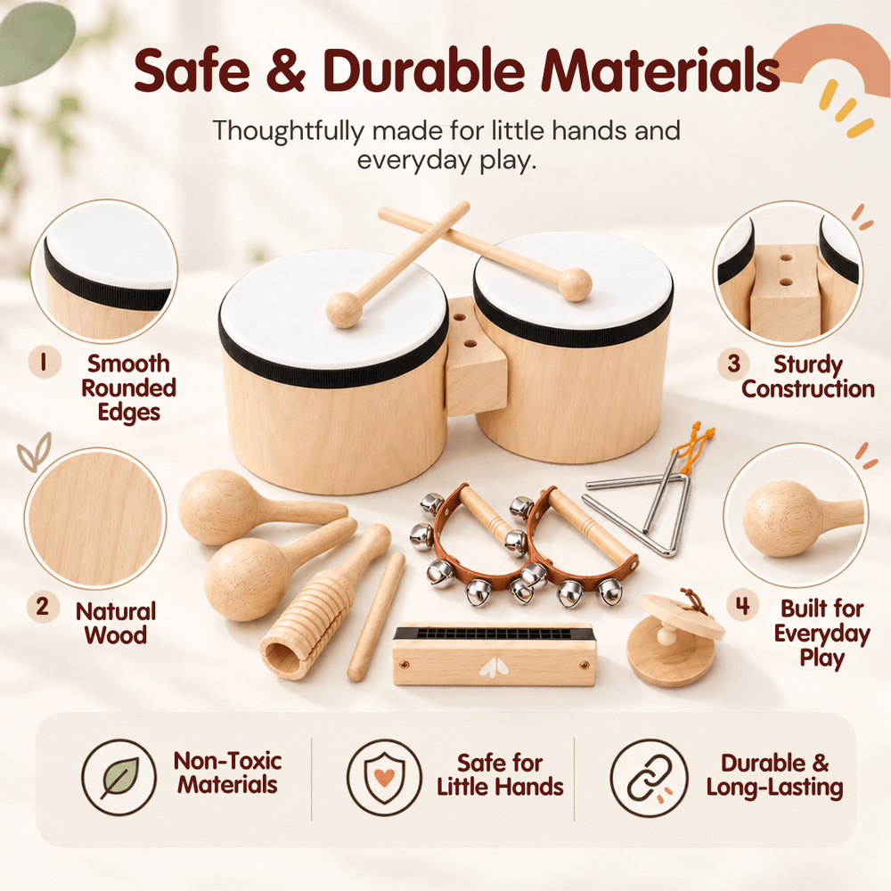 A set of wooden baby sensory toys arranged on a light beige background with marketing text and callout circles. The toys include two small drum-like percussion pieces with mallets, wooden rattle pieces, a triangle, a wooden block with metal beads, and other hand-held percussion tools.