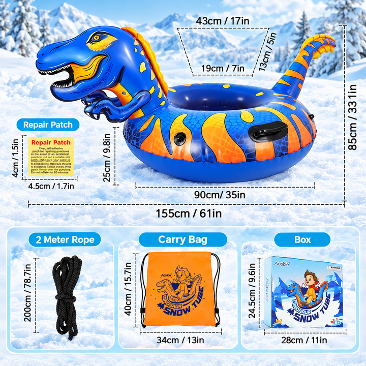 Dinosaur Inflatable Snow Tube With Handles, 61-Inch Sled