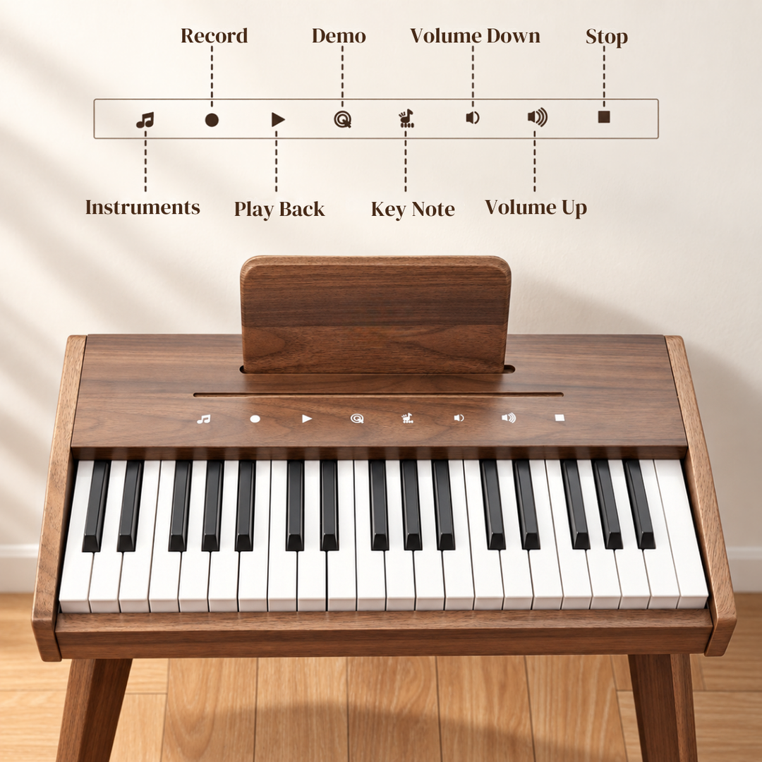 A wooden keyboard piano with black and white keys, shown against a light beige wall with a wooden floor. Above the piano, a diagram labels control icons and words like Record, Demo, Volume Down, Stop, Instruments, Play Back, Key Note, and Volume Up.