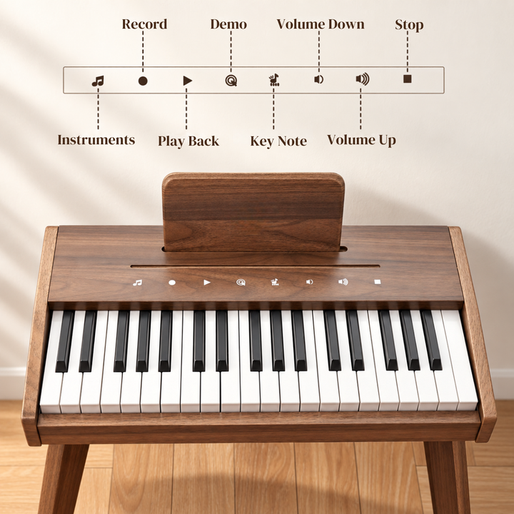 A wooden keyboard piano with black and white keys, shown against a light beige wall with a wooden floor. Above the piano, a diagram labels control icons and words like Record, Demo, Volume Down, Stop, Instruments, Play Back, Key Note, and Volume Up.