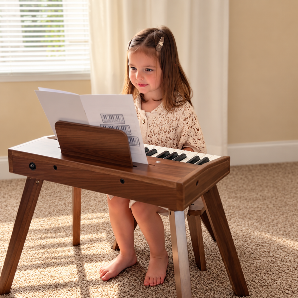 A young girl sits barefoot on a carpeted floor, playing a small wooden keyboard instrument with black keys while holding sheet music in a bright room.