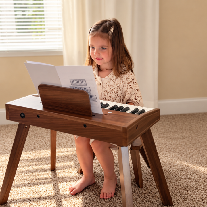 A young girl sits barefoot on a carpeted floor, playing a small wooden keyboard instrument with black keys while holding sheet music in a bright room.