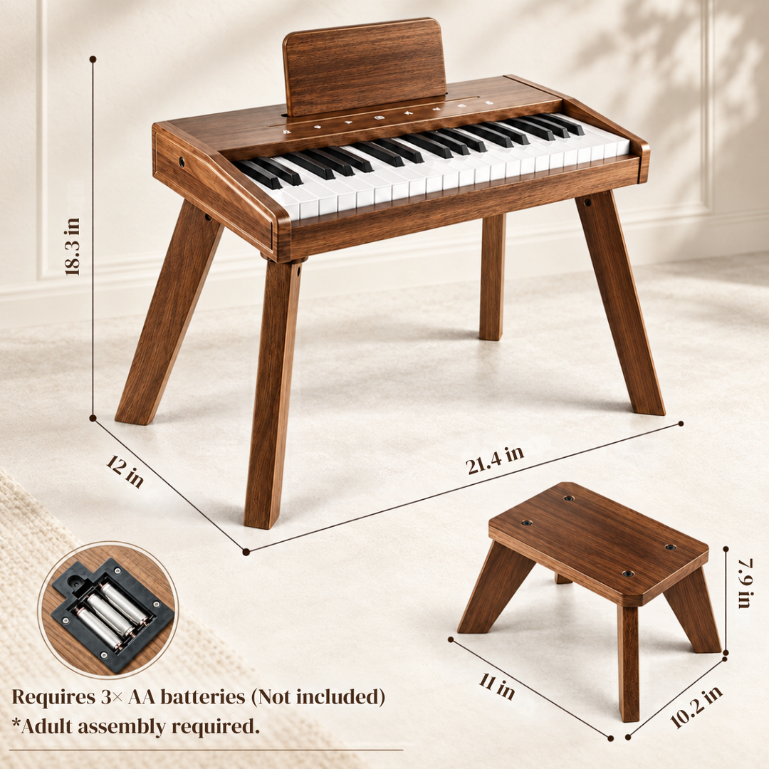 Wooden toy keyboard with legs and a small matching wooden stool, shown on a light neutral floor with dimension lines and text indicating size measurements and battery requirement.