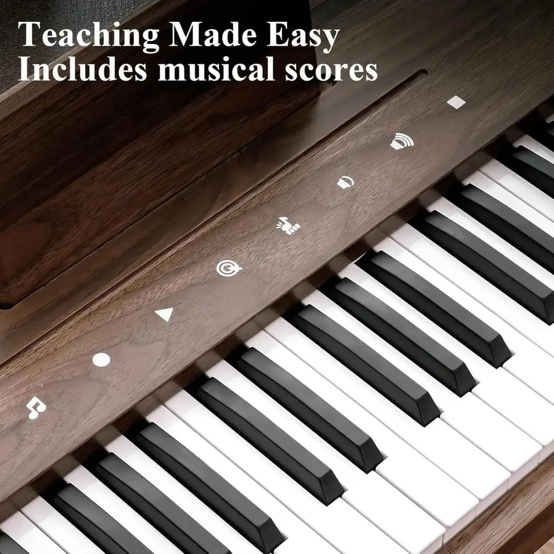 Close-up of a piano keyboard with text overlay about educational resources.